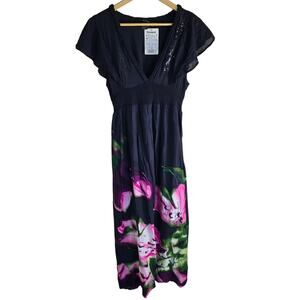 Desigual Berna Maxi Dress Black Floral Sequin Plunge Neck Flutter Sleeves - 10